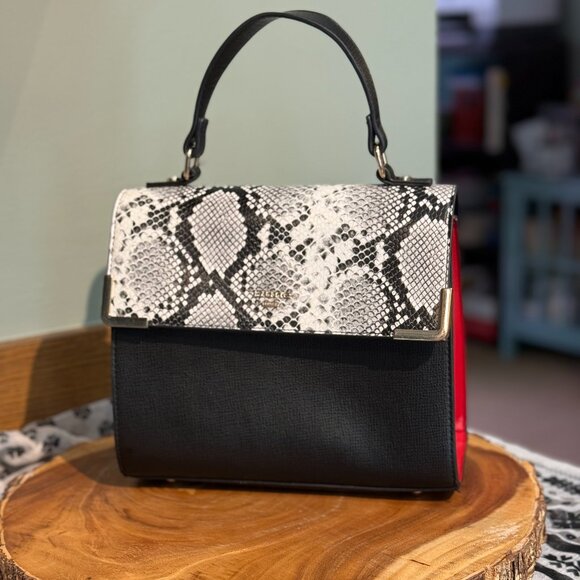 DUNE LONDON Snake Print Flap Bag | Black | Gold V-Clasp - Picture 2 of 15